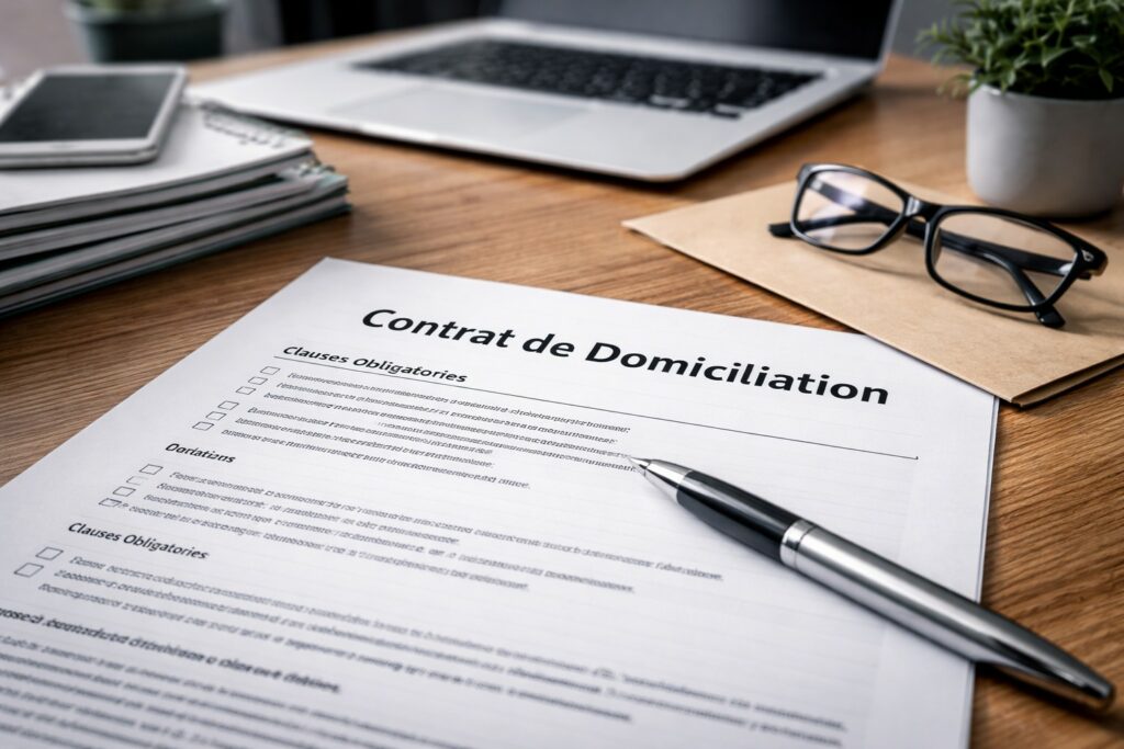 Contrat de domiciliation posé sur un bureau, avec checklist des clauses obligatoires, durée et résiliation, stylo et matériel de bureau en arrière-plan