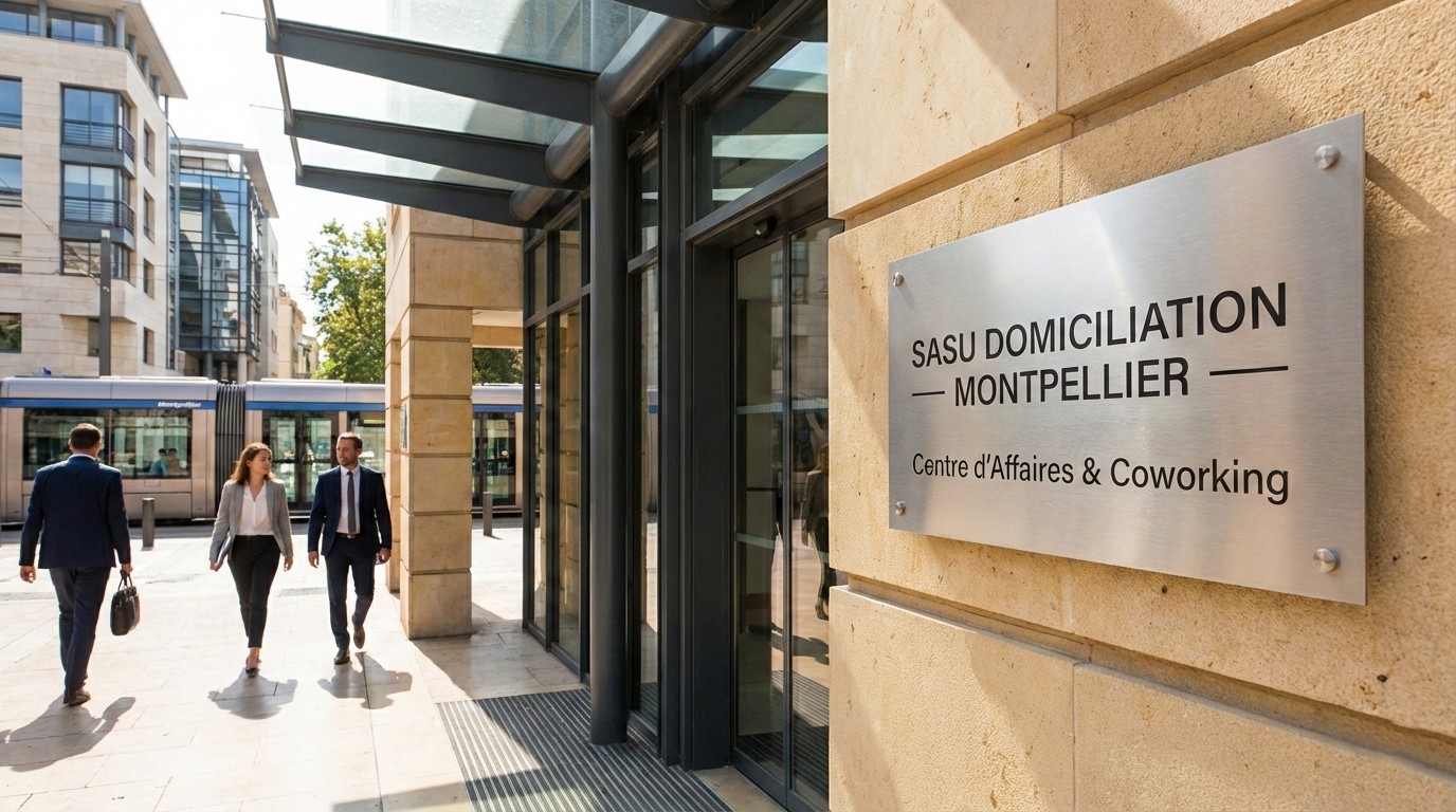 Entrée d'un centre d'affaires moderne situé à Montpellier affichant une plaque professionnelle pour la domiciliation de siège social d'une SASU