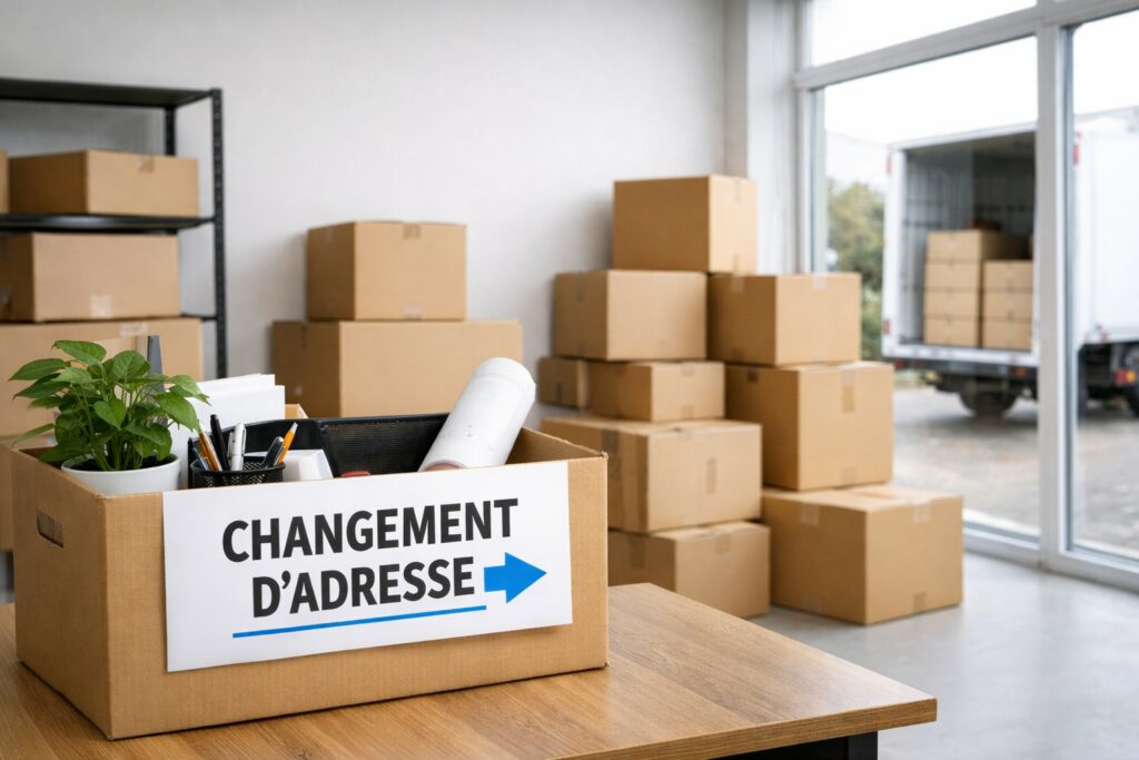 Déménagement de bureaux sans humain, cartons et panneau changement d’adresse d’entreprise sur une caisse de fournitures.