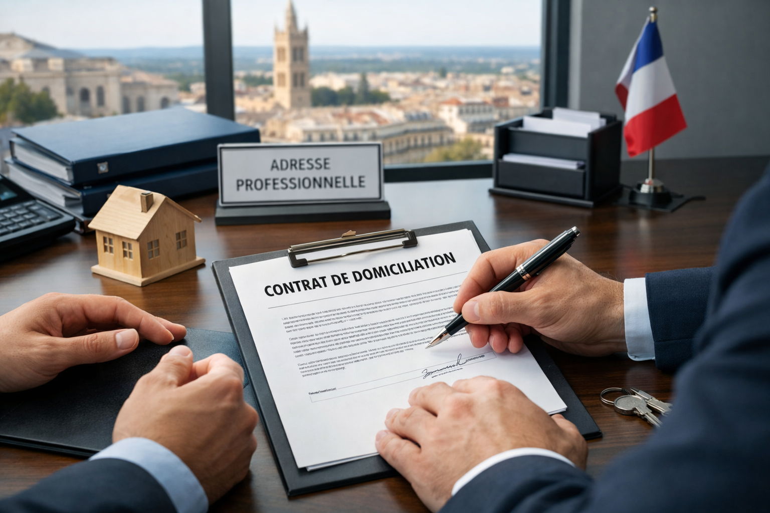 Signature_d_un_contrat_de_domiciliation_pour_auto_entrepreneur_a_Montpellier_dans_un_bureau_professionnel_avec_documents_officiels_sur_table