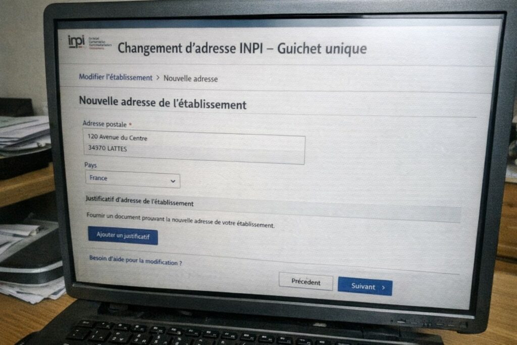 Photo réaliste d’un entrepreneur modifiant l’adresse de son entreprise sur le Guichet unique INPI, sur ordinateur portable, en lumière naturelle