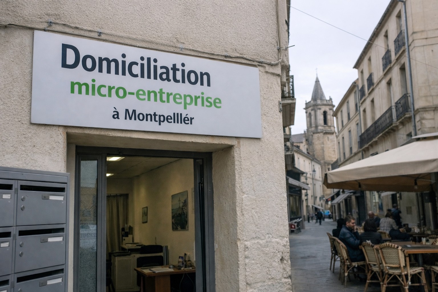 Photo amateur réaliste d’une devanture de domiciliation micro-entreprise à Montpellier, avec bureaux visibles et ambiance rue du centre-ville
