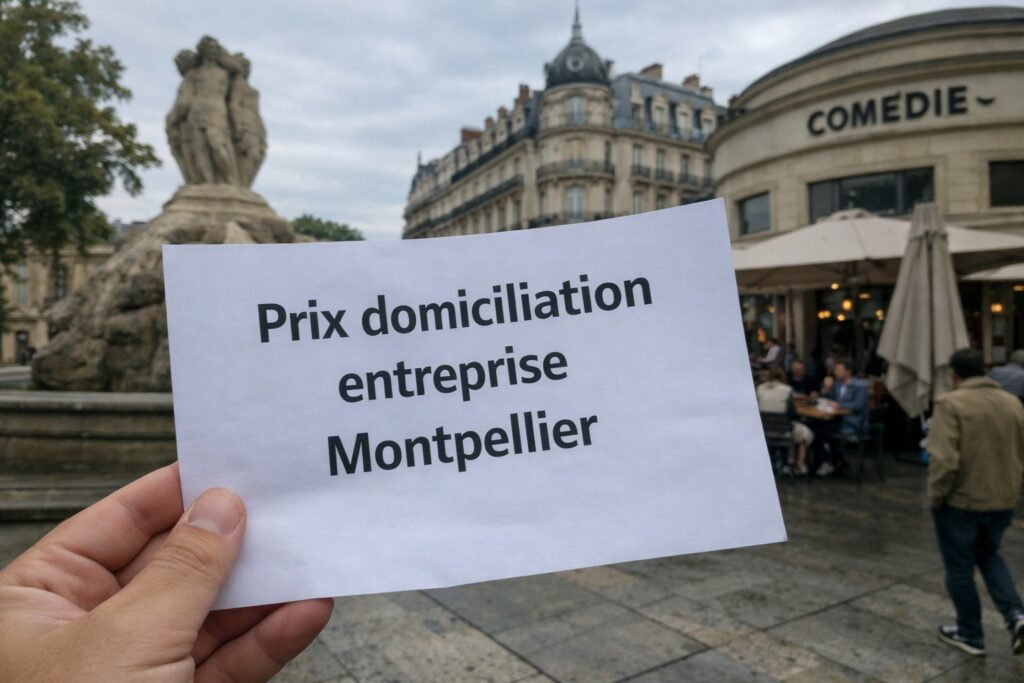 Photo amateur à Montpellier illustrant le prix de domiciliation d’entreprise, avec un document comparant tarifs et options de service.