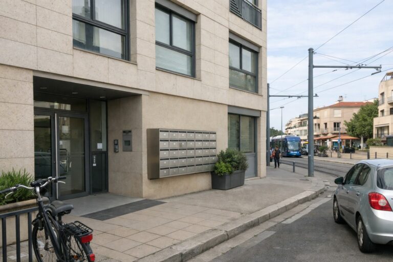 Adresse de domiciliation SARL à Montpellier avec immeuble professionnel, entrée sécurisée et environnement urbain local