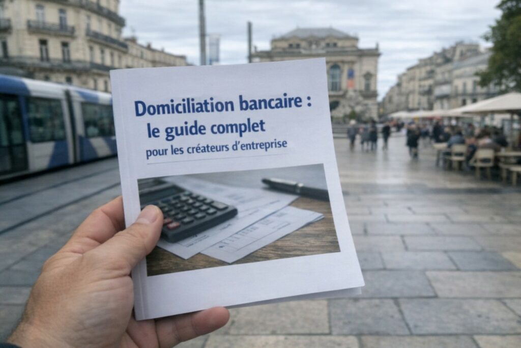 Photo prise à Montpellier montrant une main tenant un livret « Domiciliation bancaire : le guide complet pour les créateurs d’entreprise » devant un tram et une place en arrière-plan