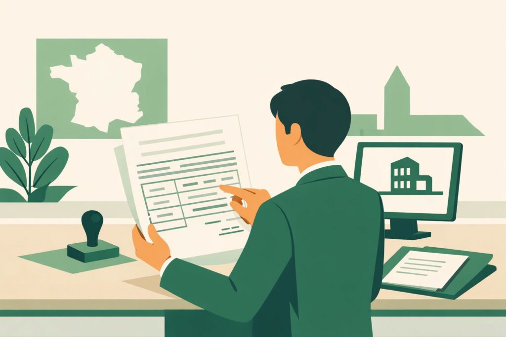 Illustration flat design d’un auto-entrepreneur consultant un document administratif de type extrait Kbis dans un bureau professionnel en France, avec tampon, écran et dossier sur un bureau beige et vert