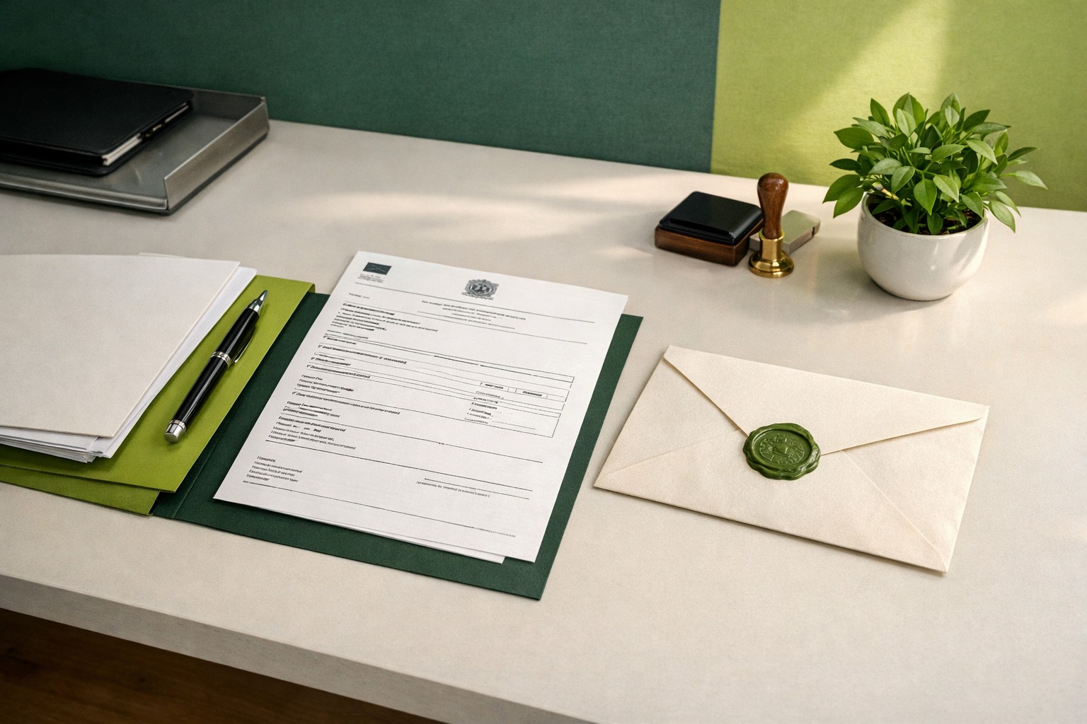 Bureau d’immatriculation d’entreprise à Montpellier avec extrait Kbis, enveloppe cachetée et plante verte sur bureau administratif moderne