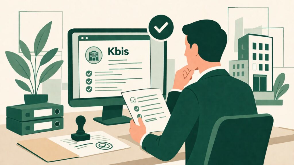Illustration flat design d’un entrepreneur en costume vert consultant un extrait Kbis sur écran dans un bureau professionnel avec documents, tampon administratif et dossier entreprise en France
