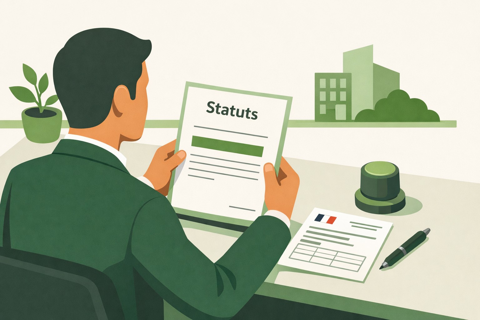 Illustration création entreprise France entrepreneur statuts société Kbis document administratif bureau professionnel