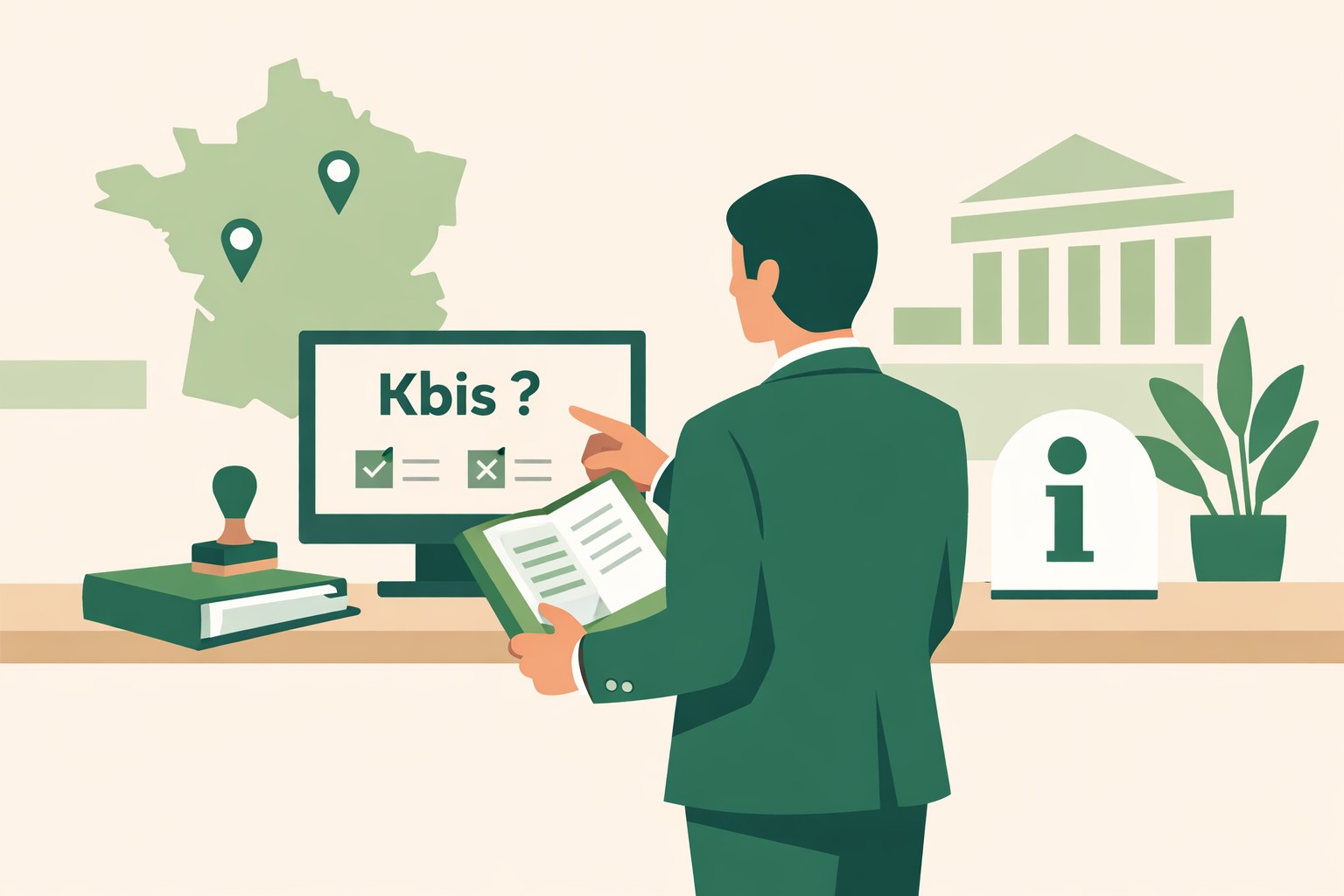 Illustration flat design d’un responsable en costume vert consultant un dossier sur le Kbis d’une association dans un environnement administratif français avec écran, tampon et documents officiels