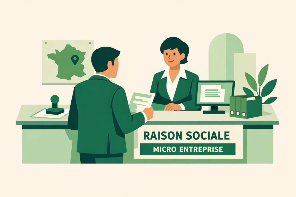 Illustration flat design d’un entrepreneur en costume vert déclarant la raison sociale de sa micro-entreprise au guichet administratif avec documents et tampon officiel