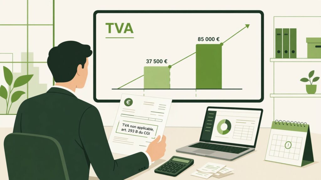 illustration flat design d’un professionnel en costume vert analysant les seuils de TVA dans un bureau comptable moderne, avec écran graphique, facture, ordinateur portable, calculatrice et reçus sur un bureau beige et vert