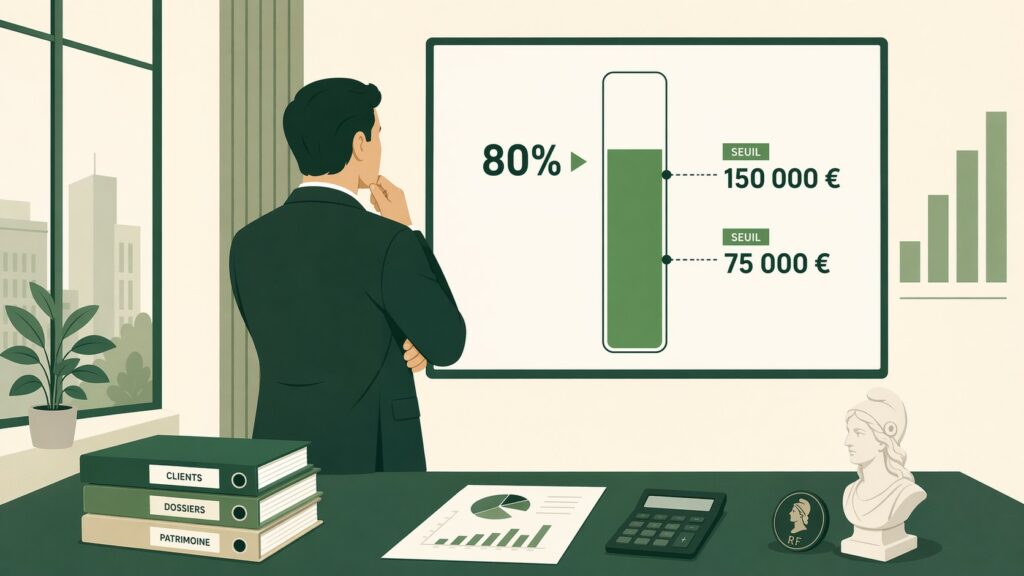 Illustration flat design d’un conseiller en costume vert foncé observant un tableau de bord mural avec jauge de progression à 80 %, seuils de chiffre d’affaires, dossiers clients, calculatrice, document financier avec graphique et buste Marianne dans un bureau de conseil financier moderne