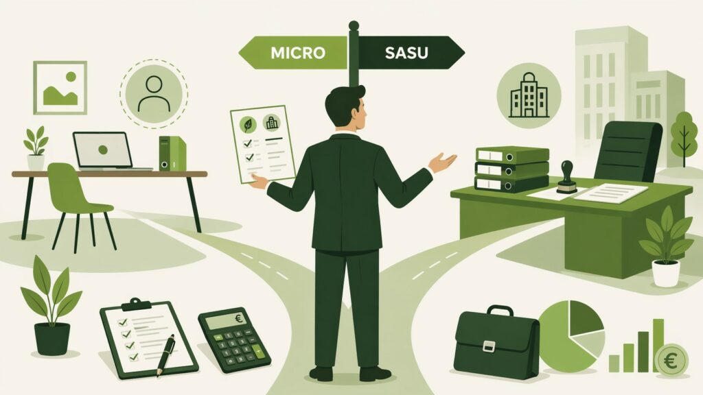 Illustration flat design d’un entrepreneur en costume vert hésitant entre micro-entreprise et SASU, avec deux chemins professionnels, un bureau minimaliste à gauche et un espace de bureau structuré à droite.