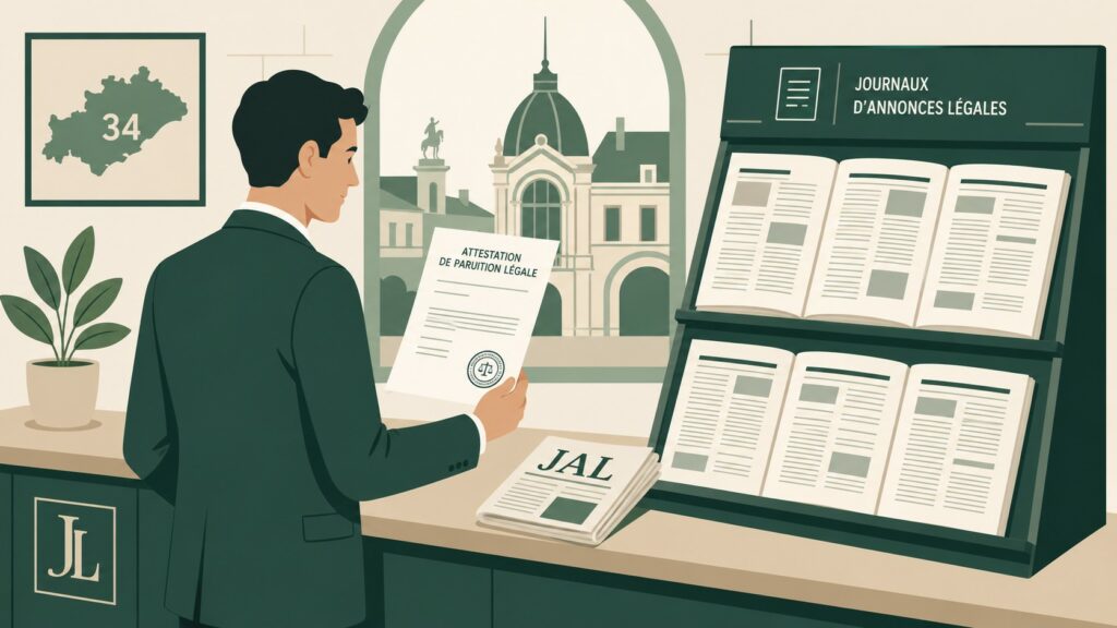 Illustration flat design d’une attestation de parution légale JAL à Montpellier avec journaux d’annonces légales et carte de l’Hérault 34.