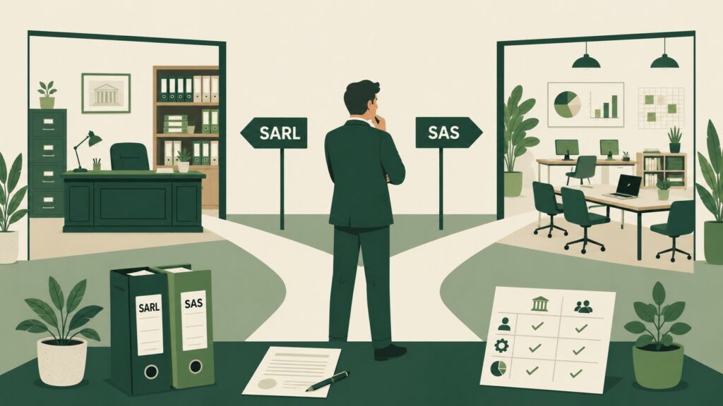 Illustration flat design d’un entrepreneur choisissant entre SAS et SARL avec bureaux professionnels, documents juridiques et tableau comparatif.