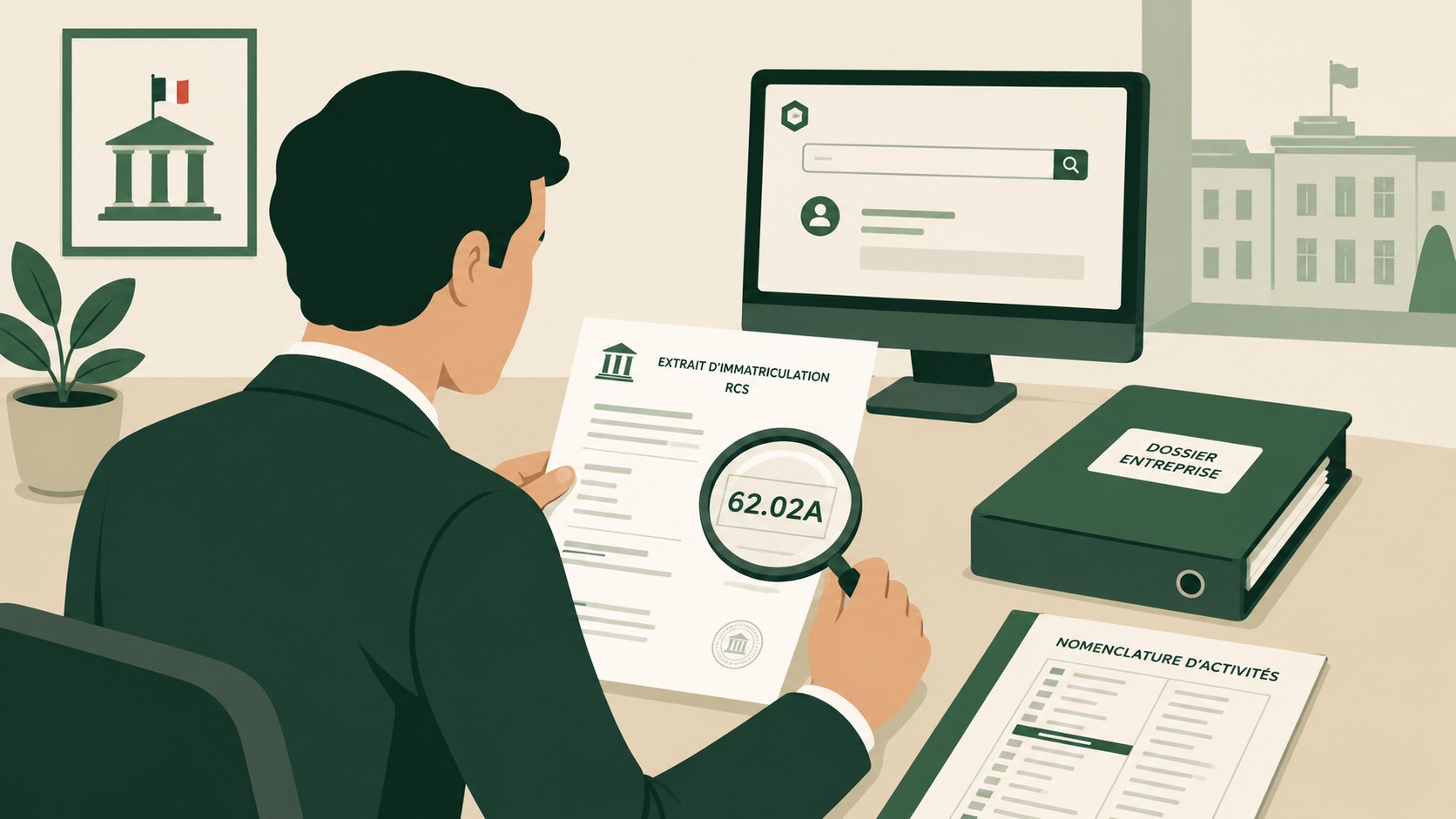 Illustration d’un entrepreneur examinant un extrait d’immatriculation RCS avec le code APE 62.02A, une nomenclature d’activités et un dossier entreprise dans un bureau administratif français.