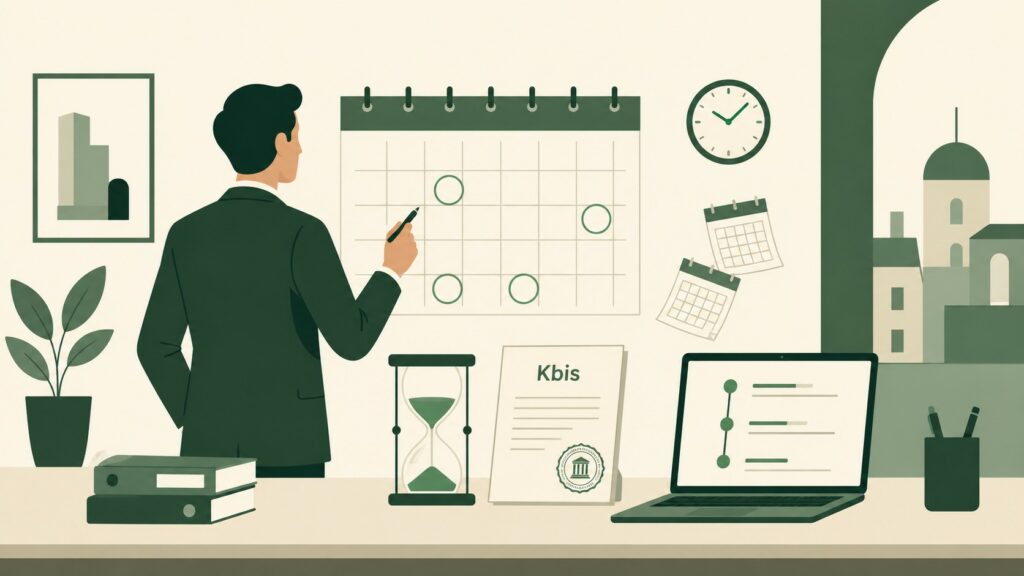 Illustration flat design d’un entrepreneur consultant un calendrier avec dates entourées, un extrait Kbis tamponné, un sablier et un ordinateur affichant une timeline administrative.