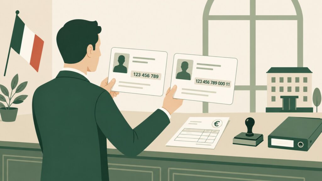 Illustration flat design d’un professionnel comparant un numéro SIREN court et un numéro SIRET long dans un bureau administratif français.