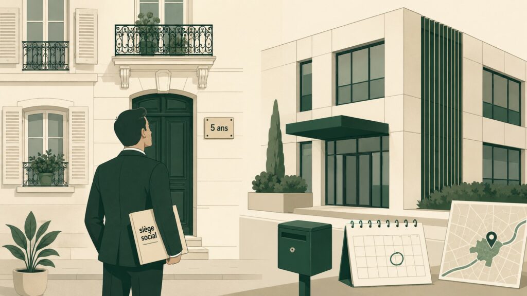 Illustration flat design d’un entrepreneur devant un immeuble résidentiel avec dossier siège social, plaque 5 ans, calendrier et carte de Montpellier.