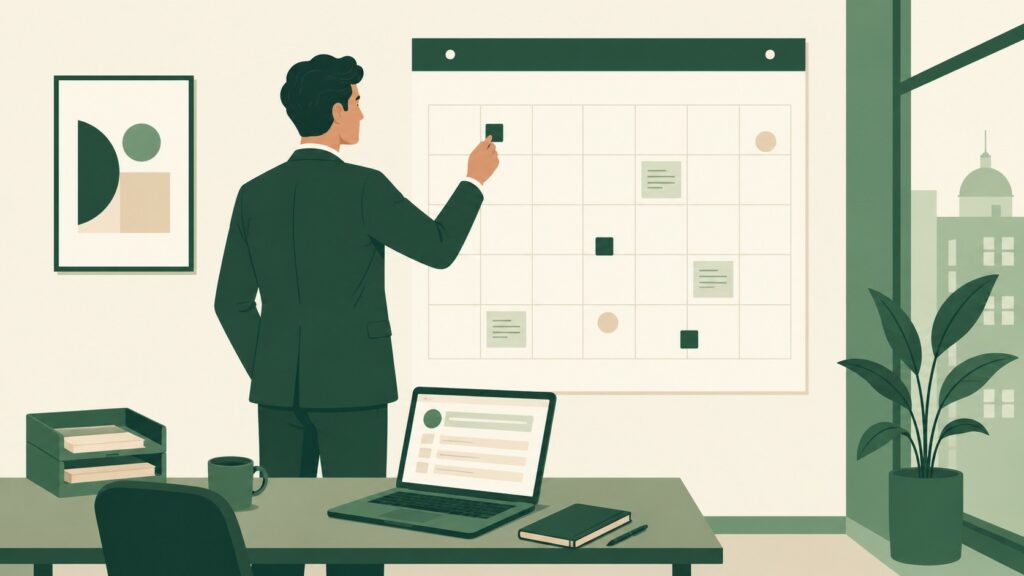 Illustration flat design d’un professionnel en costume vert organisant un calendrier mural dans un bureau français moderne.