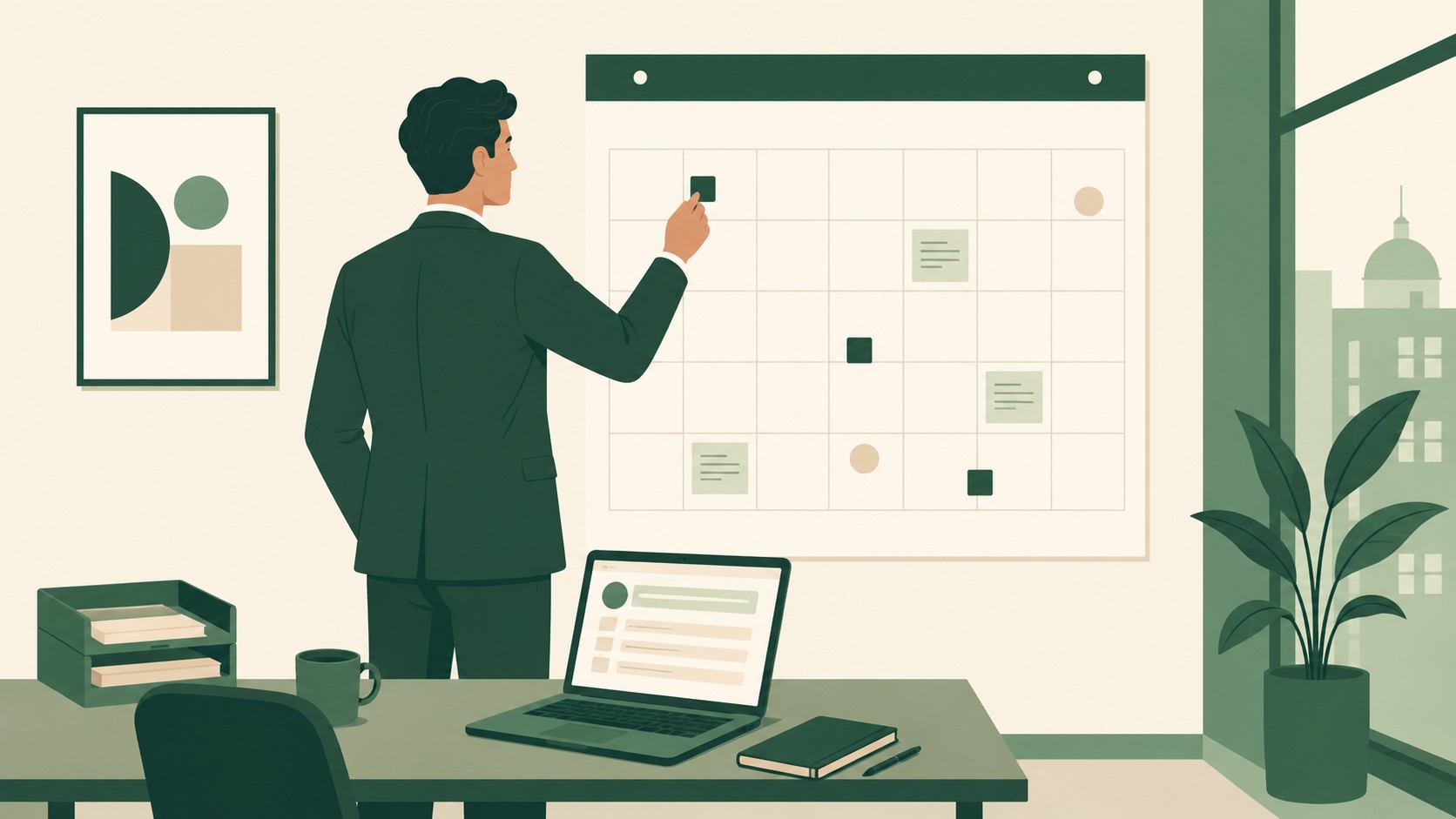 Illustration flat design d’un professionnel en costume vert organisant un calendrier mural dans un bureau français moderne.