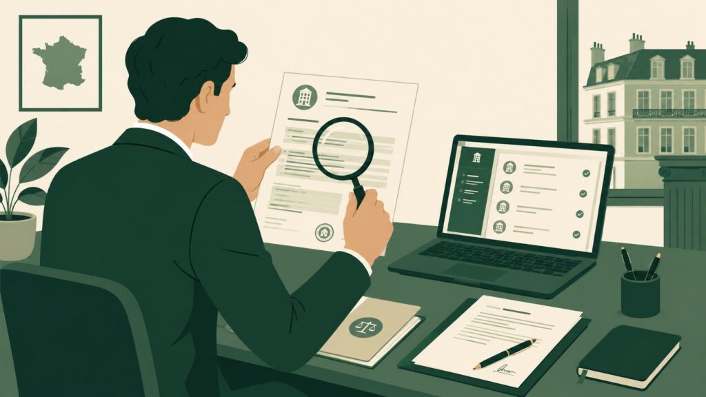 Illustration d’un professionnel vérifiant un extrait Kbis avec une loupe avant de signer un contrat commercial en France