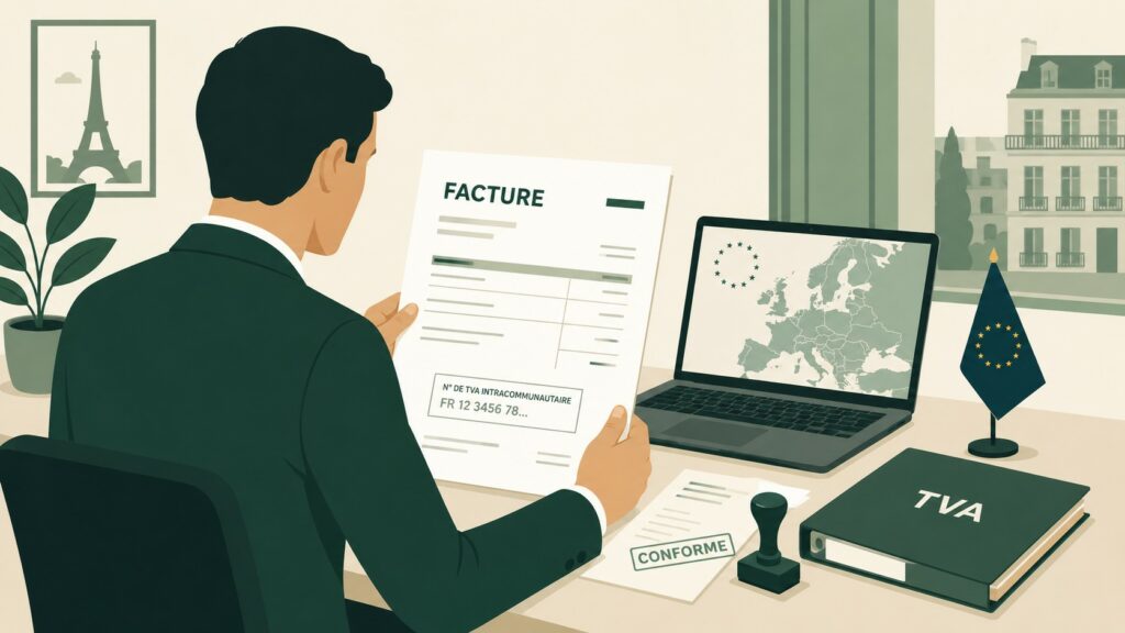 Illustration flat design d’un professionnel vérifiant une facture avec numéro de TVA intracommunautaire, ordinateur affichant une carte européenne et dossier TVA sur un bureau.