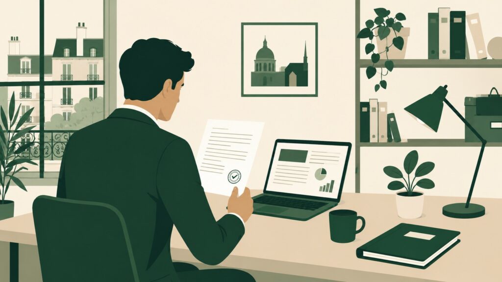 Illustration flat design d’un entrepreneur en costume vert consultant une autorisation de domiciliation d’entreprise dans un bureau à domicile.