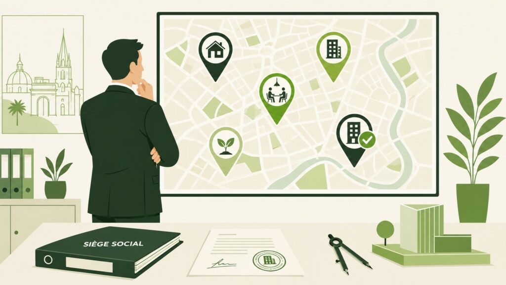 Illustration flat design d’un professionnel devant une carte urbaine de Montpellier avec plusieurs options de siège social, dossier SIÈGE SOCIAL, document tamponné et compas d’architecte
