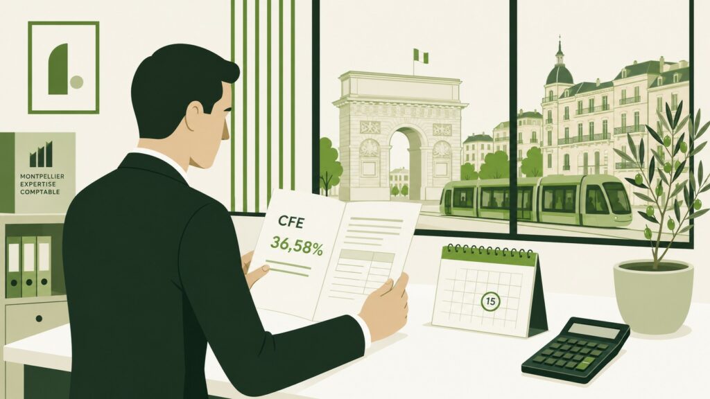Illustration flat design d’un expert-comptable à Montpellier analysant un avis de CFE avec calendrier fiscal, calculatrice et skyline montpelliéraine en arrière-plan