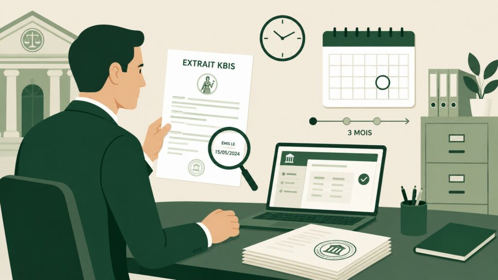 Illustration flat design d’un professionnel vérifiant la date d’émission d’un extrait Kbis avec calendrier, loupe, documents administratifs et interface officielle en ligne.