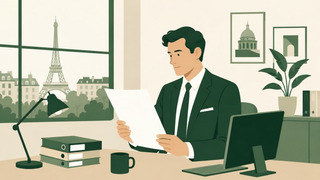 Illustration flat design d’un professionnel en costume vert examinant un document administratif dans un bureau moderne français.