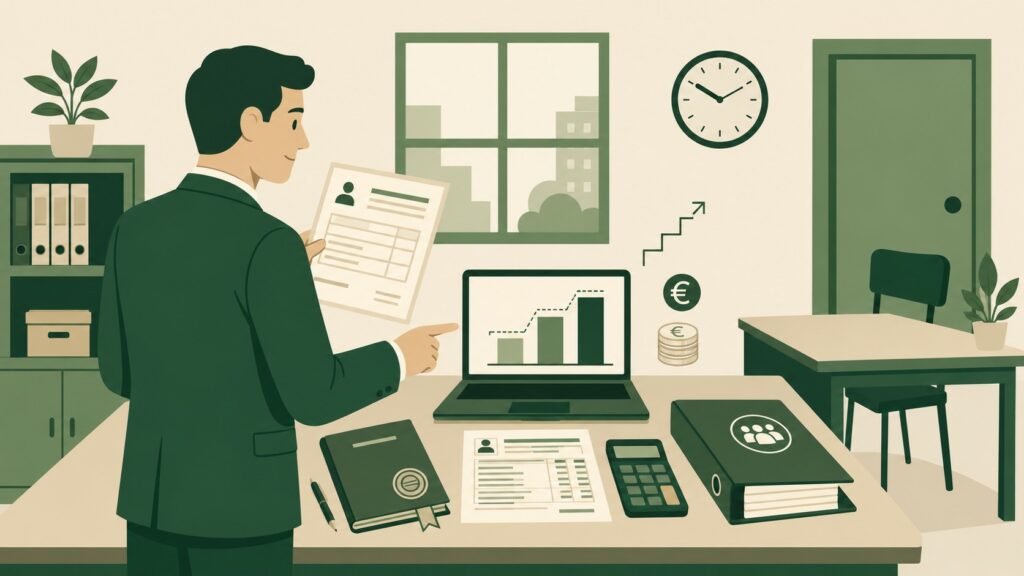 Illustration flat design d’un chef d’entreprise en costume vert analysant une fiche de paie devant un ordinateur affichant un graphique de coût salarié, avec calculatrice, contrat de travail, dossier RH, symboles euro et chaise vide représentant une future embauche dans un bureau professionnel.