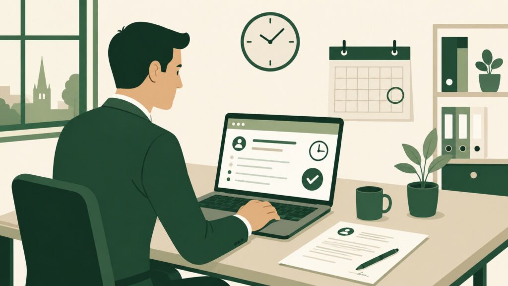 Illustration flat design d’un employeur en costume vert remplissant une déclaration d’embauche en ligne sur ordinateur portable, avec contrat de travail, calendrier d’échéance et bureau professionnel.