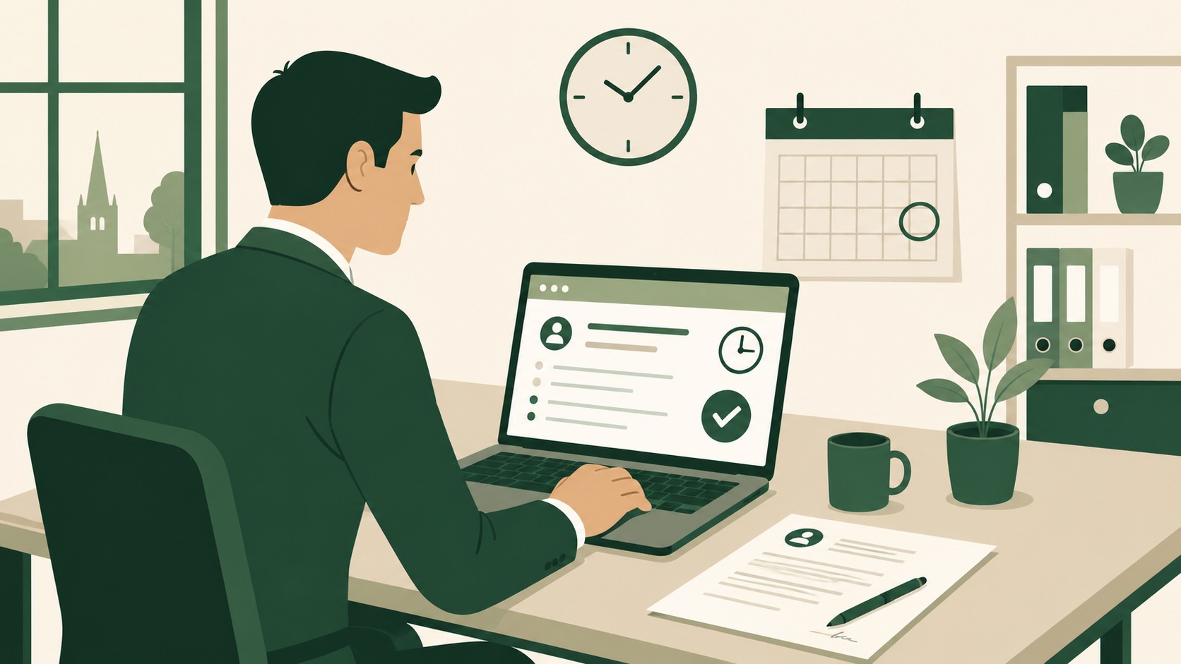 Illustration flat design d’un employeur en costume vert remplissant une déclaration d’embauche en ligne sur ordinateur portable, avec contrat de travail, calendrier d’échéance et bureau professionnel.