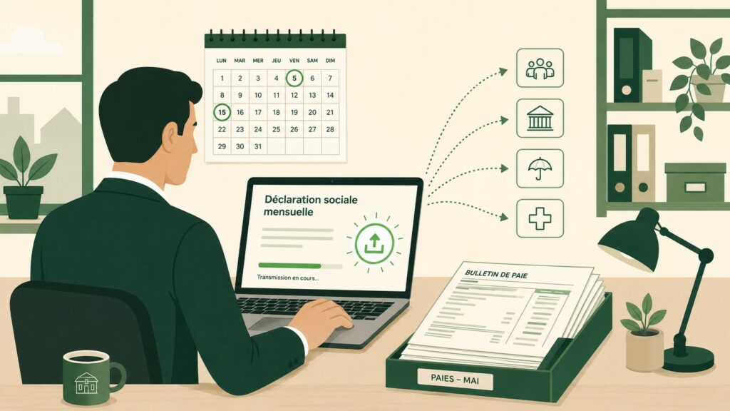 Illustration flat design d’un employeur de petite entreprise transmettant une déclaration sociale mensuelle sur ordinateur, avec calendrier des dates 5 et 15, bulletins de paie et icône d’envoi.