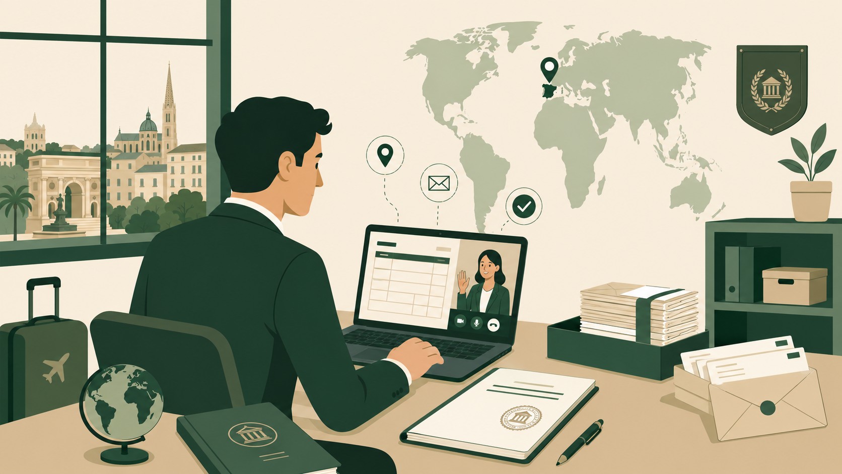 Illustration flat design d’un entrepreneur non-résident en costume vert foncé travaillant depuis un bureau de domiciliation moderne, en visioconférence sur un ordinateur portable, avec carte du monde, repère sur la France, courrier transféré, attestation de domiciliation tamponnée, dossier d’entreprise et valise de voyage, représentant la gestion à distance d’une adresse professionnelle française.