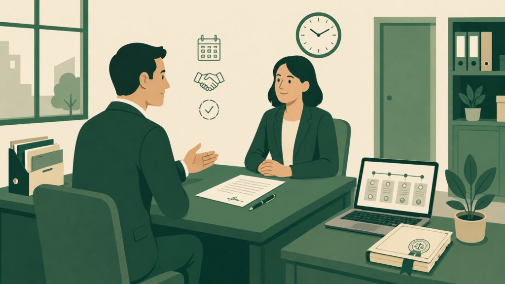 Illustration flat design d’un dirigeant de petite entreprise et d’une salariée discutant calmement autour d’un bureau lors d’une rupture conventionnelle, avec accord signé, stylo, ordinateur affichant une frise de procédure, document d’homologation tamponné, calendrier, horloge et dossiers administratifs dans un bureau professionnel aux tons vert foncé et beige.