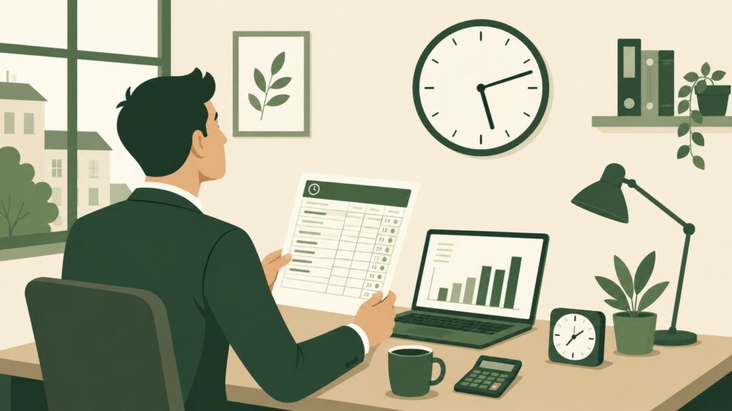 Illustration flat design gestion des heures supplémentaires, salarié en costume vert, feuille de temps, calcul paie sur ordinateur portable, horloge murale après les heures de travail, bureau professionnel à domicile, 2026, format 16:9