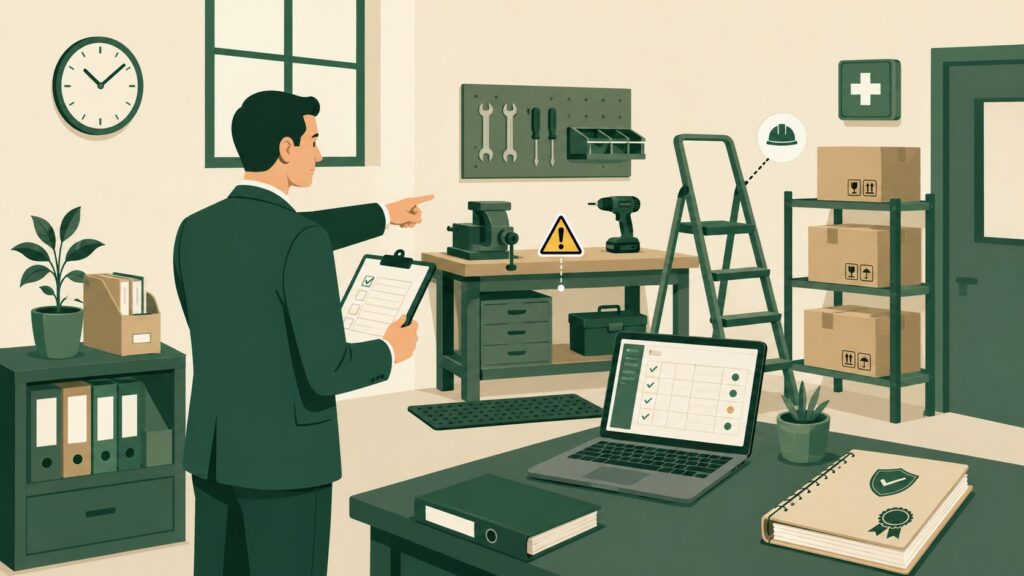 Illustration flat design d’un chef d’entreprise inspectant un poste de travail en atelier avec checklist, échelle, signalisation de sécurité et document de conformité.
