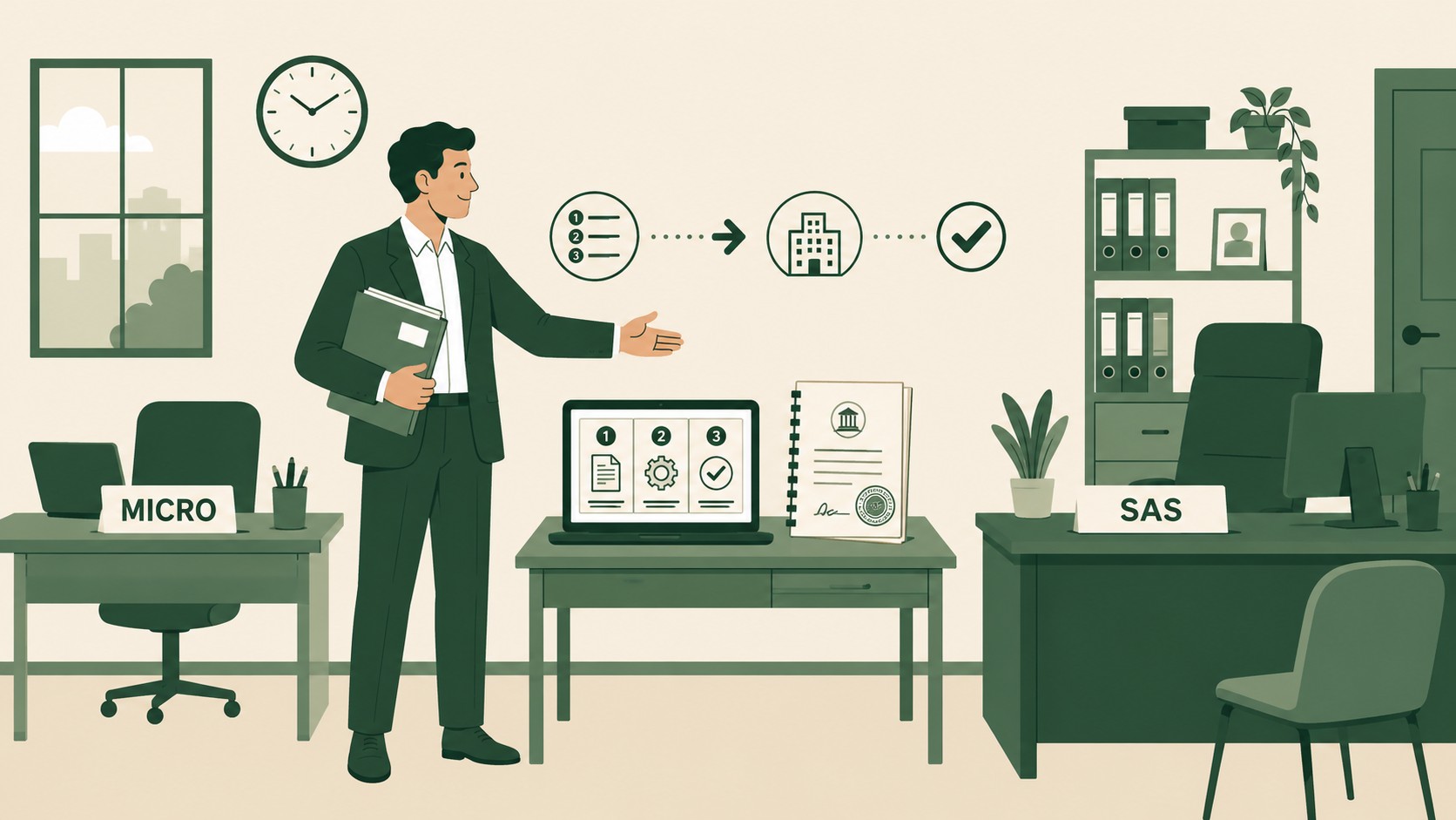 Illustration flat design d’un entrepreneur en costume vert foncé dans un bureau professionnel, présentant la transition d’une micro-entreprise vers une SAS avec un bureau “MICRO”, un bureau “SAS”, un ordinateur affichant les étapes administratives, un document d’immatriculation tamponné, des dossiers, une horloge et des pictogrammes de progression.