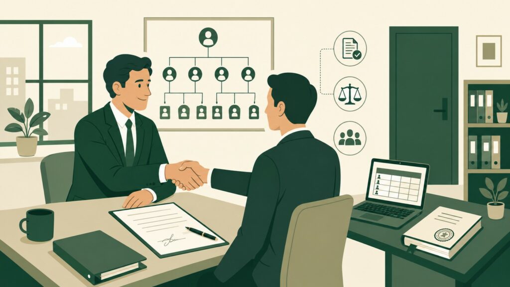 Illustration flat design d’une scène professionnelle dans un bureau français, montrant un dirigeant de petite entreprise en costume vert foncé serrant la main d’un nouvel employé devant un contrat de travail signé, avec un stylo, un organigramme mural, un ordinateur affichant une grille salariale, des dossiers de paie et des pictogrammes de conformité sociale liés au droit du travail.