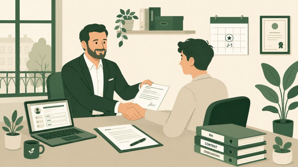 Illustration flat design d’un chef d’entreprise signant un contrat de travail avec un nouvel employé dans un bureau professionnel.