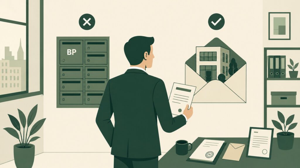 Illustration flat design au format 16:9 montrant un professionnel en costume vert hésitant entre une boîte postale BP fermée et une véritable adresse professionnelle représentée par une enveloppe ouverte avec bâtiment de bureau, dans un décor de domiciliation d’entreprise avec contrat tamponné, document Kbis, enveloppe officielle, café et plantes.