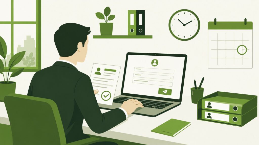 Illustration flat design représentant la procédure de déclaration préalable à l'embauche (DPAE) et le respect des délais légaux, pour les TPE et PME accompagnées par CDG Services à Montpellier.