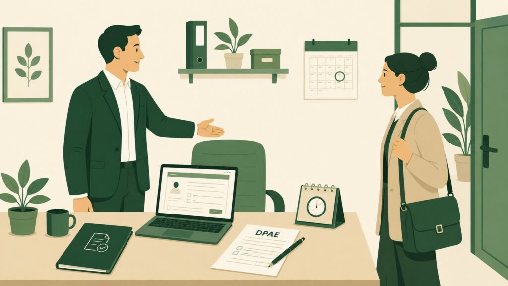 La DPAE doit être transmise à l'URSSAF dans les 8 jours précédant l'embauche. Description : Illustration flat design d'un employeur accueillant un nouveau salarié et finalisant la déclaration préalable à l'embauche.