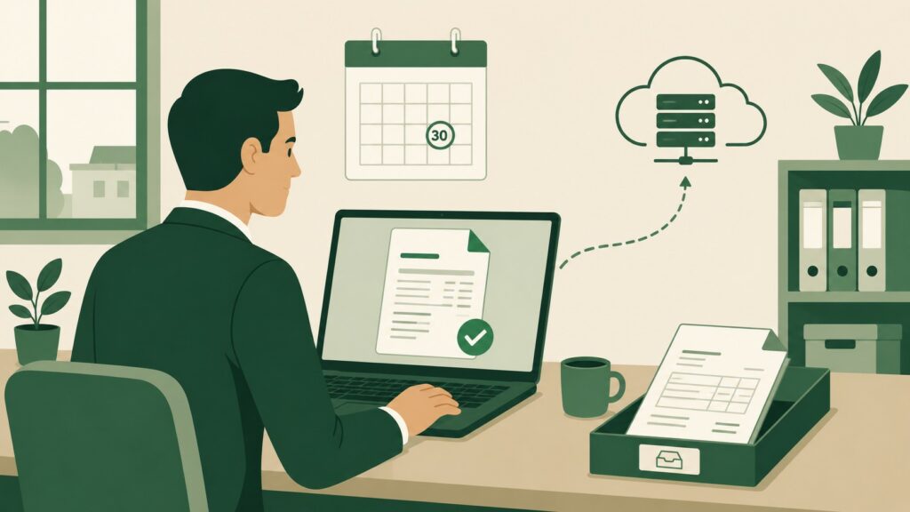 Illustration flat design format 16:9 montrant un dirigeant de TPE en costume vert dans un bureau moderne, consultant une facture électronique validée sur ordinateur, avec une facture papier mise de côté, un calendrier 2026, des dossiers, une tasse à café et une icône cloud de transmission numérique
