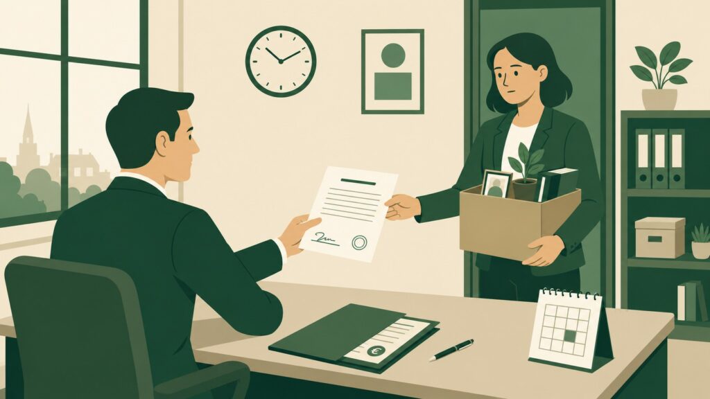 Illustration flat design format 16/9 montrant un employeur en costume vert remettant un document de solde de tout compte à une salariée quittant l’entreprise avec un carton d’affaires personnelles dans un bureau professionnel