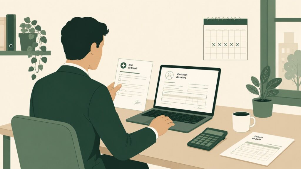 Illustration flat design d’un employeur en costume vert gérant un arrêt de travail salarié depuis un bureau à domicile, certificat médical, attestation de salaire sur ordinateur, bulletin de paie, calculatrice, calendrier avec jours marqués, 27 juin 2026, format 16:9